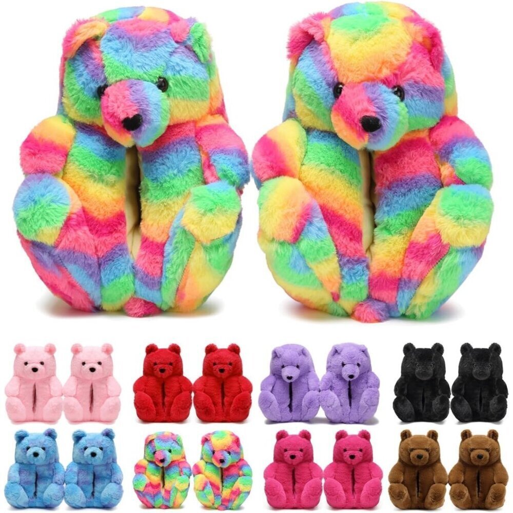 Women's Cute Fuzzy A06-rainbow Teddy Bear Slippers Cozy Cartoon Indoor Shoes